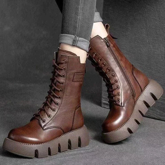 Mariana | Women’s Chunky Heel Boots with Zip & Lace-Up in 100% Cotton