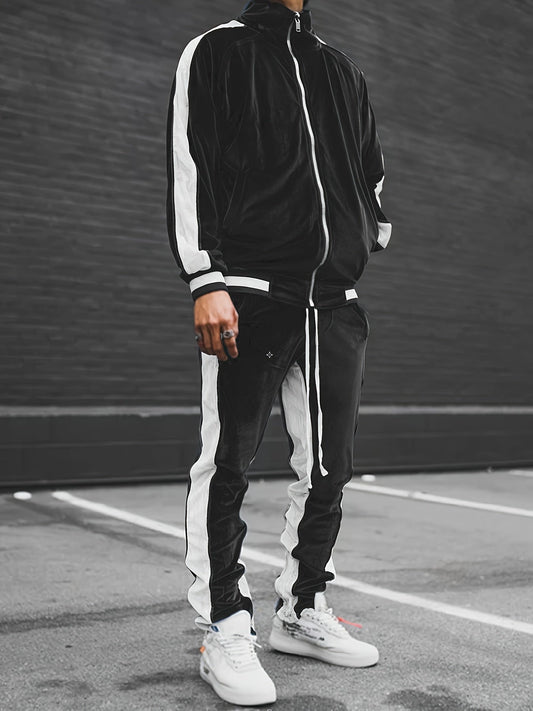 Romeo | Men's Two-Tone Tracksuit Set with Full Zip Stand Collar Jacket and Drawstring Waist Joggers