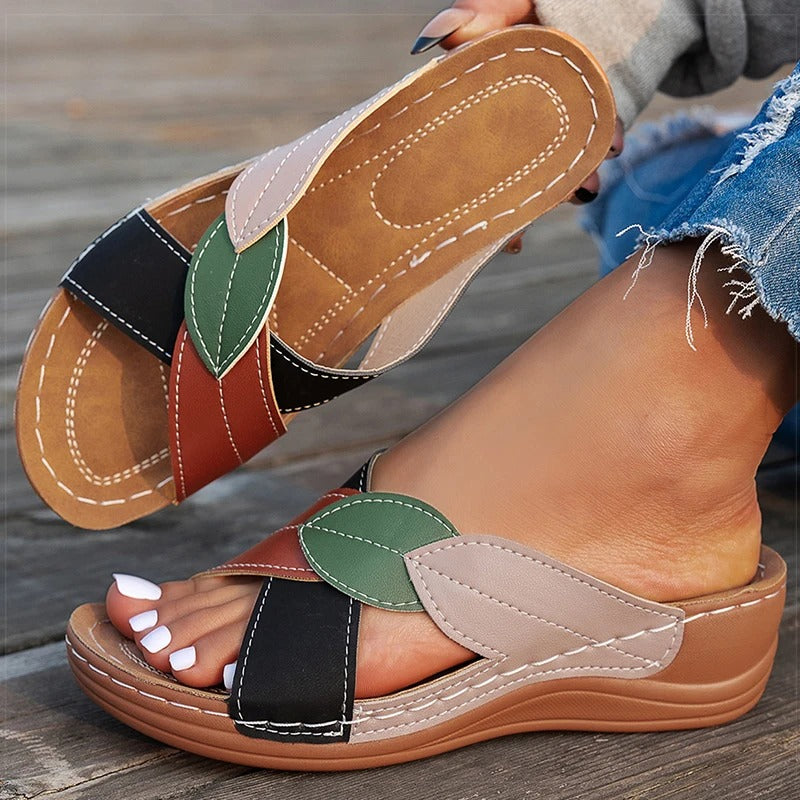 Ursalyn | Women’s Colourful Leaf Strap Platform Sandals – Comfy Slip-On Summer Open Toe Shoes