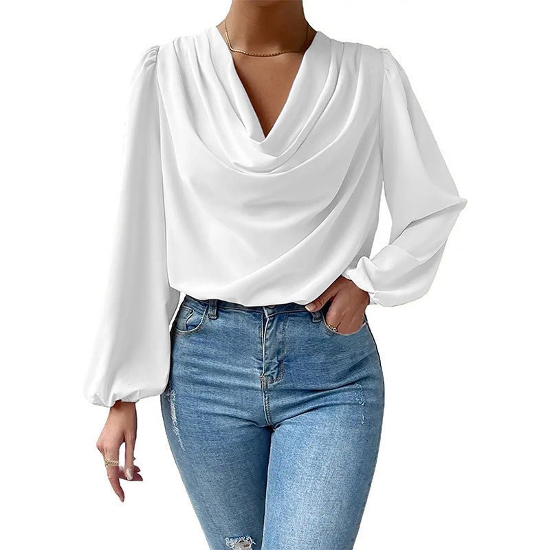 Lazelle | Women’s Draped Neck Bishop Sleeve Blouse – Elegant Solid Colour Long‑Sleeved Top