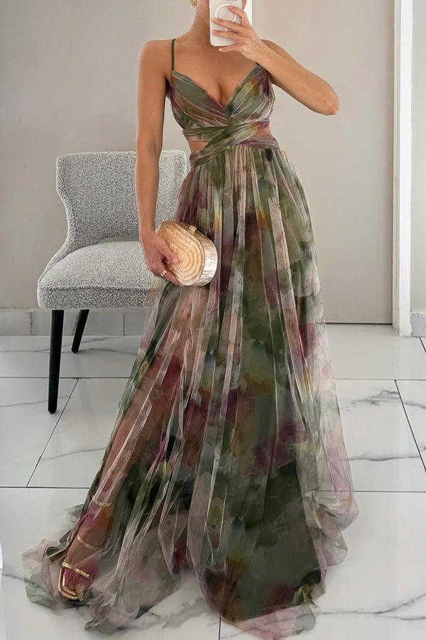 Layla | Women’s Deep V-Neck Back Tie Open Waist Multicolour Gradient Tulle A-Line Formal Maxi Dress