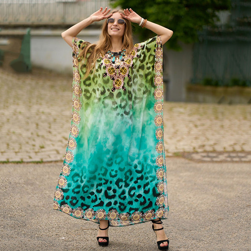 Inara | Boho Beach Kaftan Dress with Batwing Sleeves & Tie-Dye Design