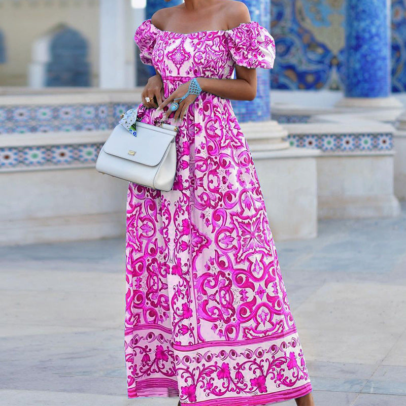 Elonda | Boho Off-Shoulder Puff Sleeve Dress with Patterned Design