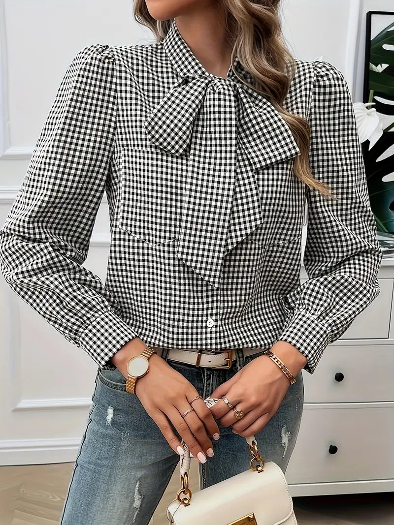 Xelina | Two‑Tone Check Bow‑Tie Blouse – Bishop‑Sleeve Chic