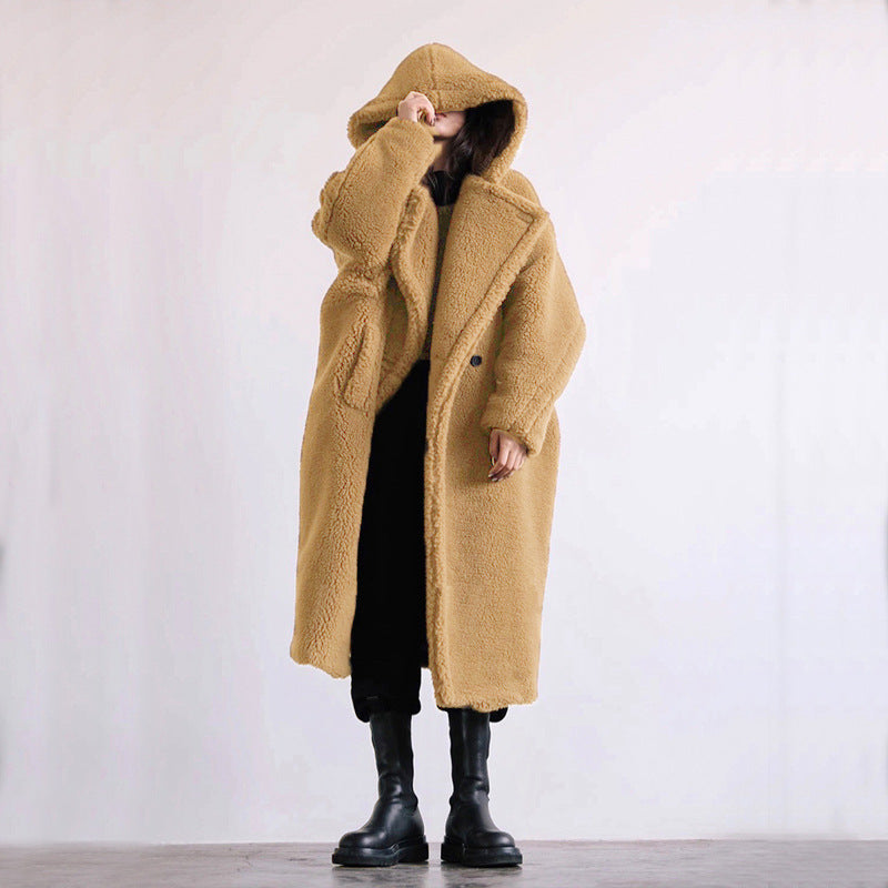 Nica | Women's Hooded Lapel Collar Double-Breasted Long Teddy Coat – Soft & Warm Winter Essential