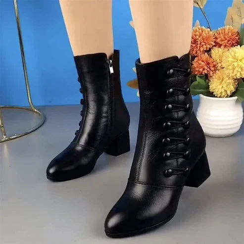Evelina | Women's Black Mid-Cut Leather Ankle Boots with Block Heel and Zipper