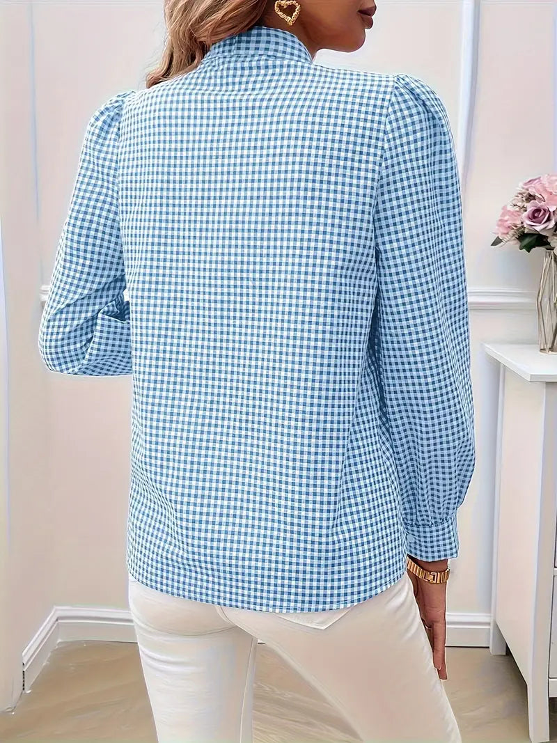 Xelina | Two‑Tone Check Bow‑Tie Blouse – Bishop‑Sleeve Chic