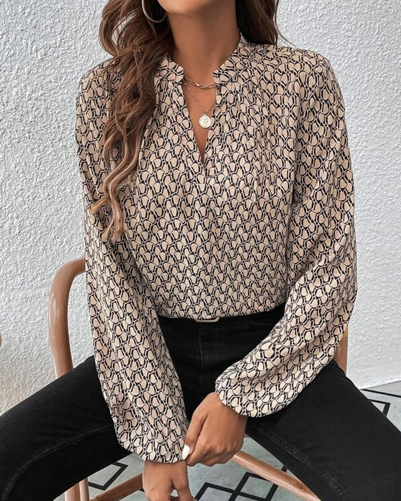 Audris | Printed V-Neck Blouse – Stylish Long Sleeve Casual Office Top for Women