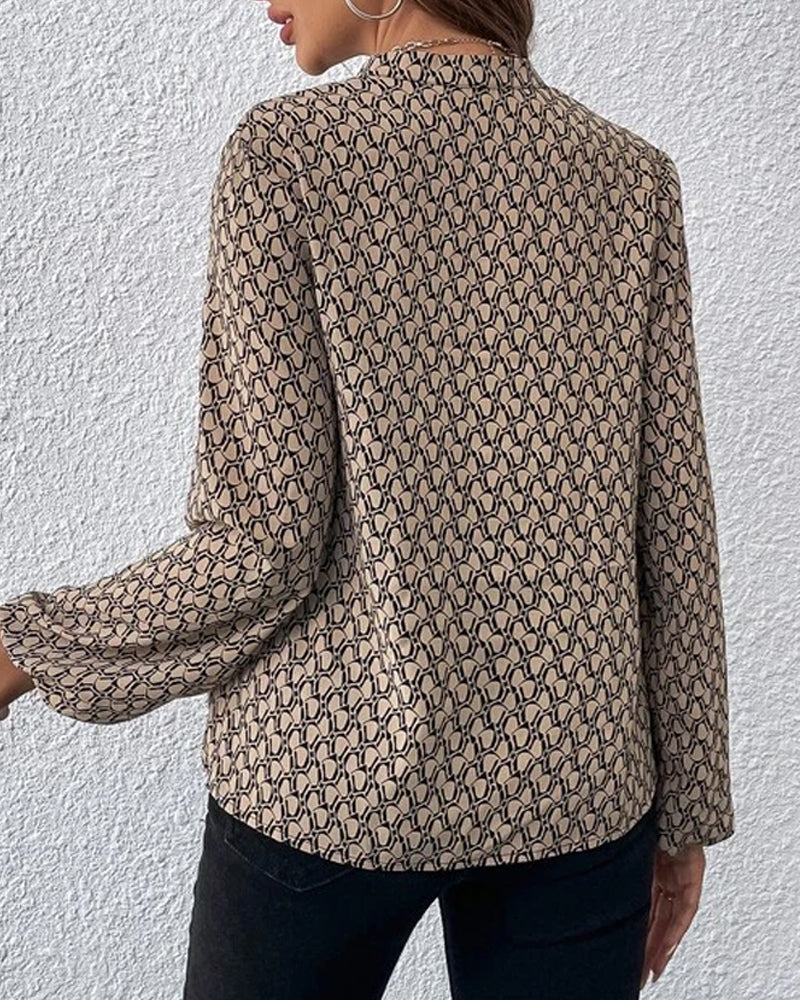 Audris | Printed V-Neck Blouse – Stylish Long Sleeve Casual Office Top for Women