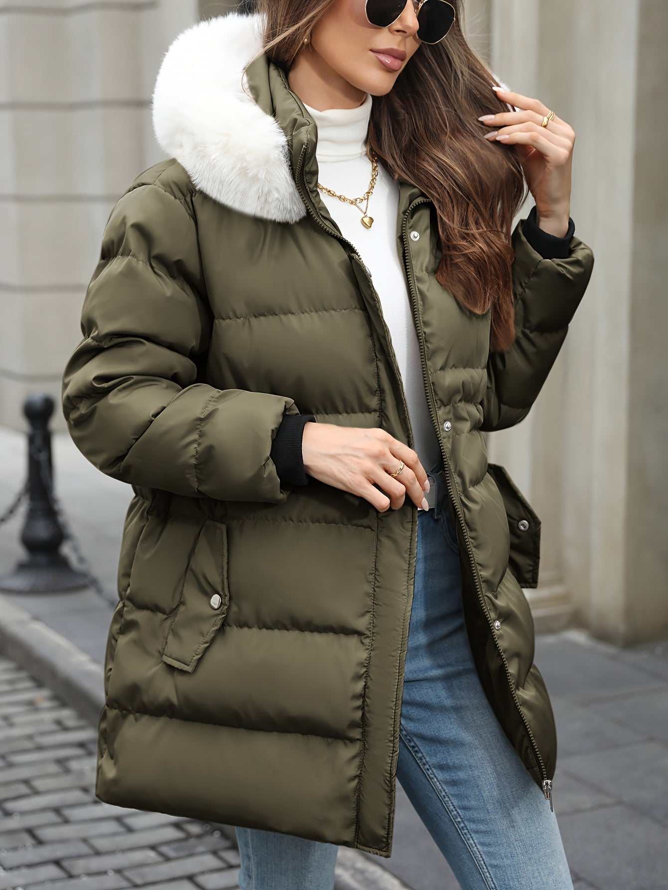 Trudy | Women’s Padded Down Jacket with Fur Hood – Warm Zipped Winter Coat