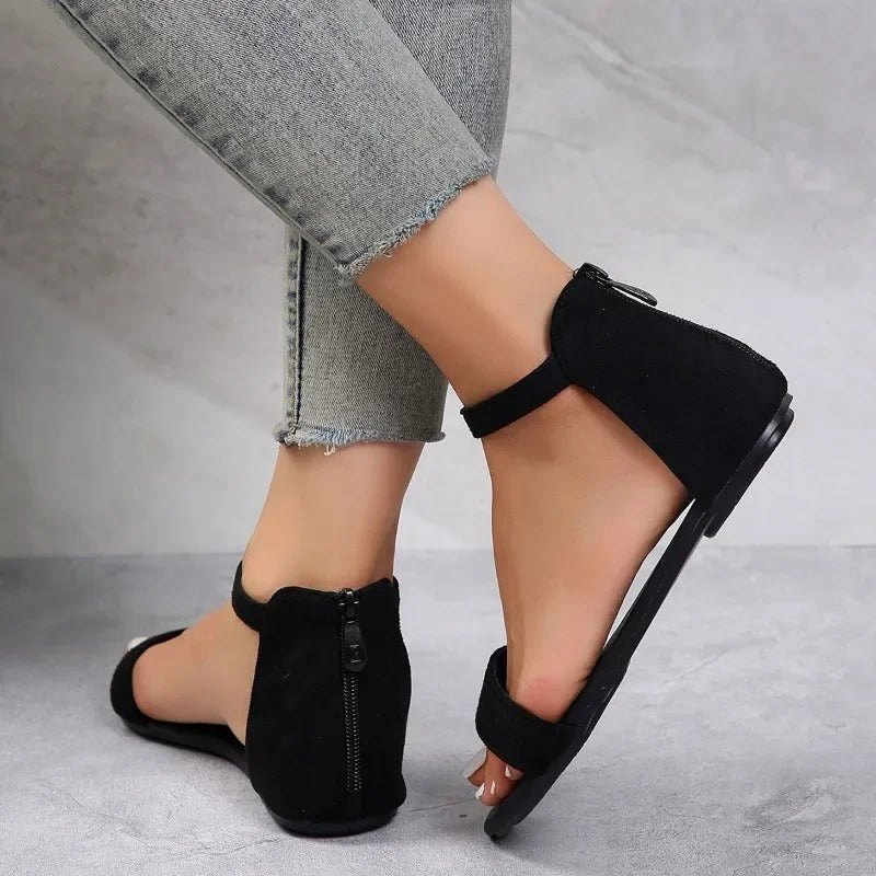 Ella | Women's Flat Ankle Strap Sandals with Back Zip – Elegant & Comfortable Summer Footwear