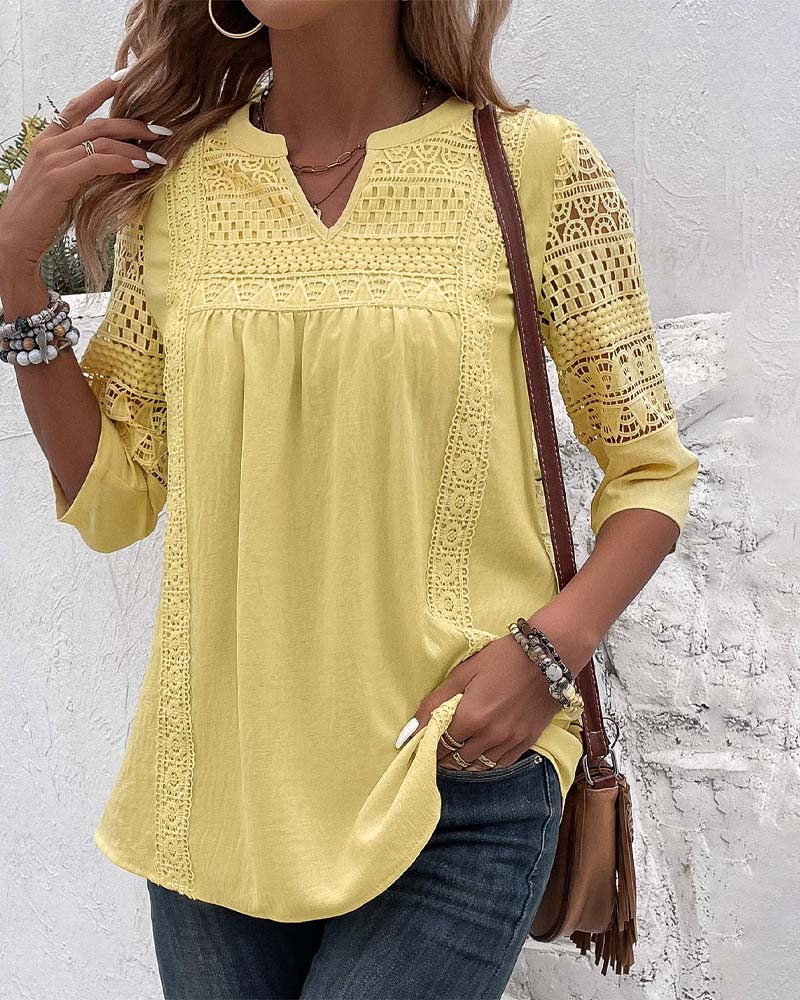 Arwenna | Yellow Linen Blouse – Lace Detail 3/4 Sleeve Casual Office Top for Women