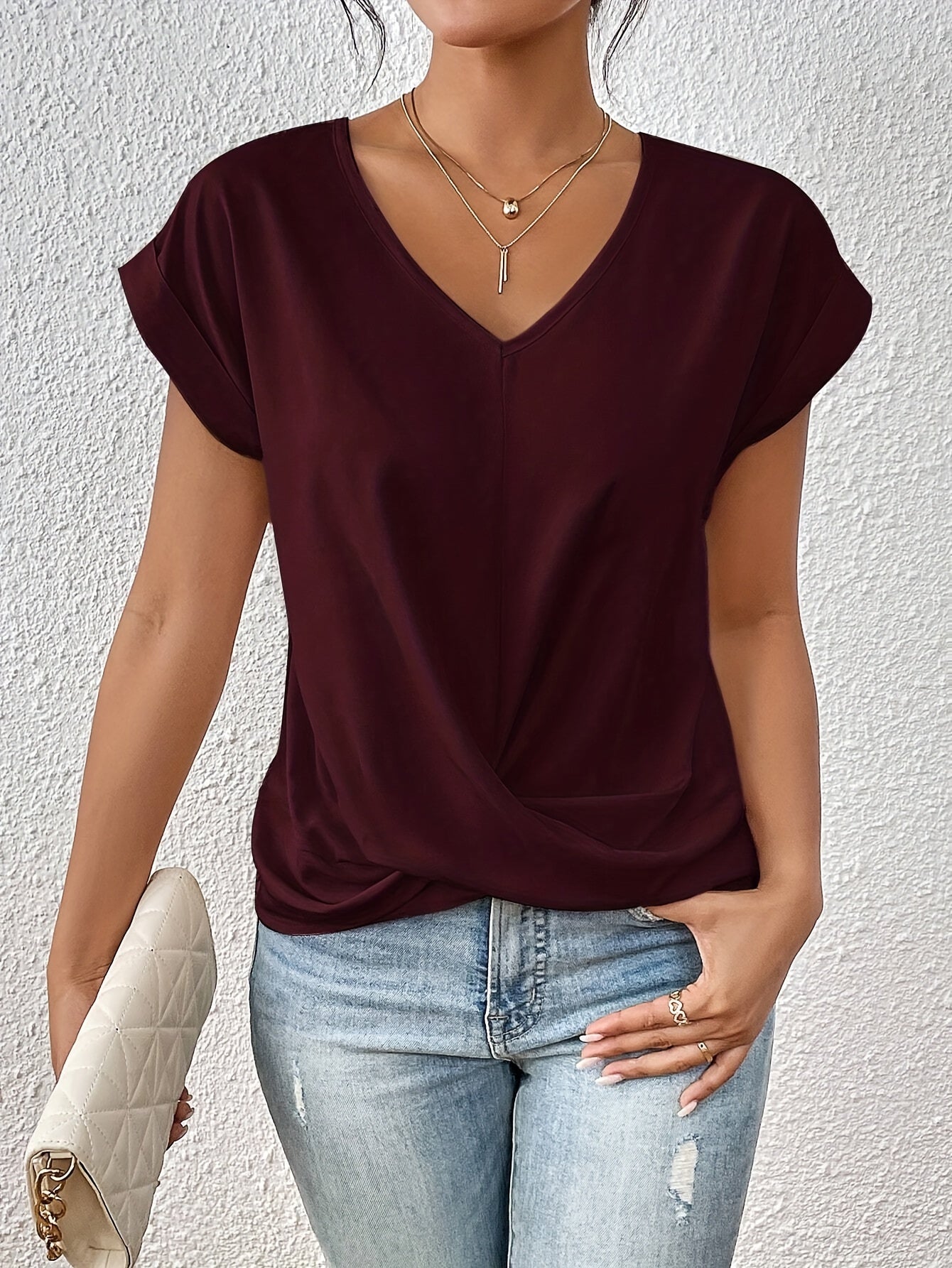 Florence | Women's V-Neck Twisted Hem Blouse – Soft Fabric, Rolled Sleeves & Classic Fit
