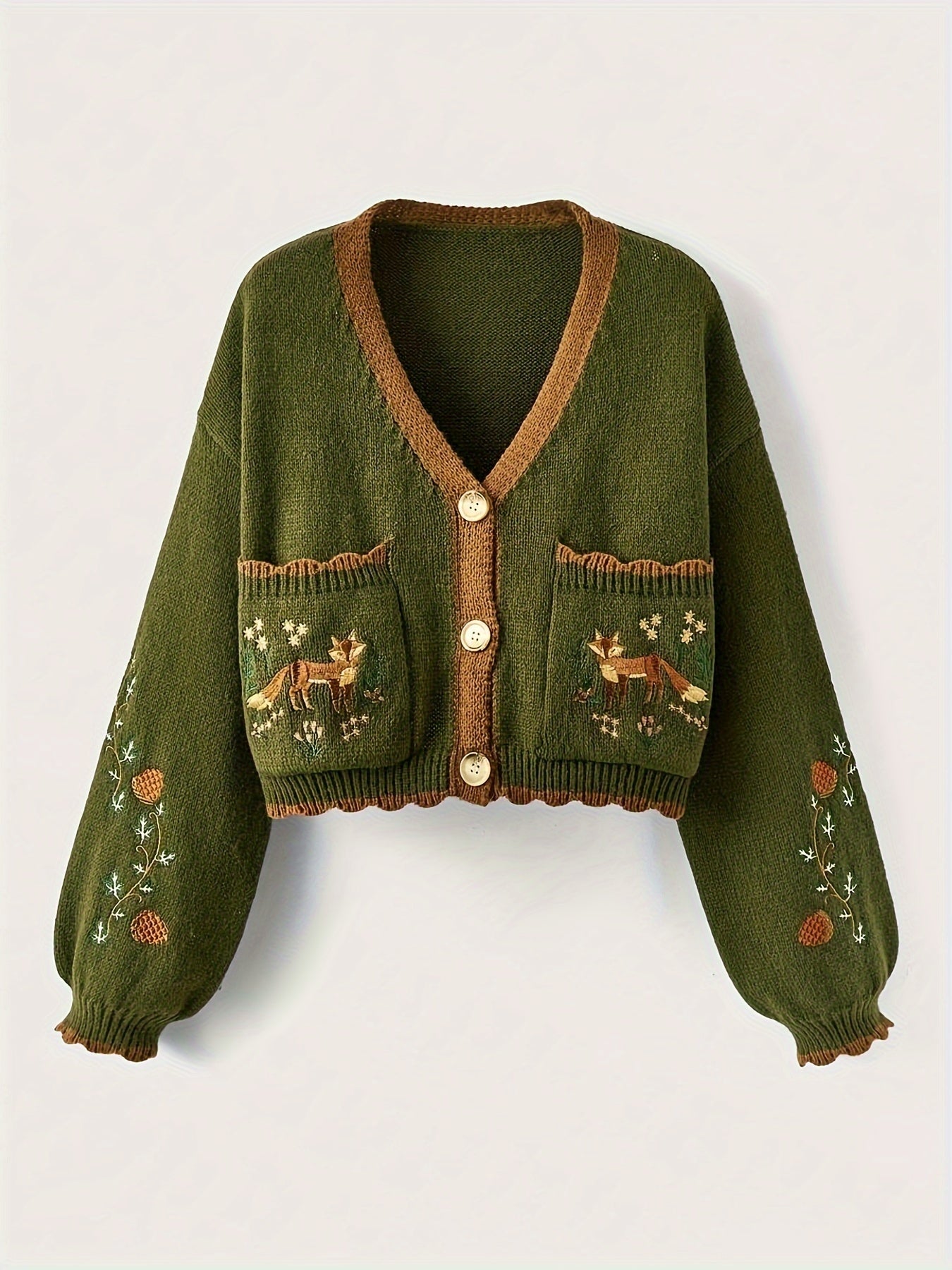 Henrietti | Women's Embroidered Wool Knit Cardigan with Buttons and Contrast Details