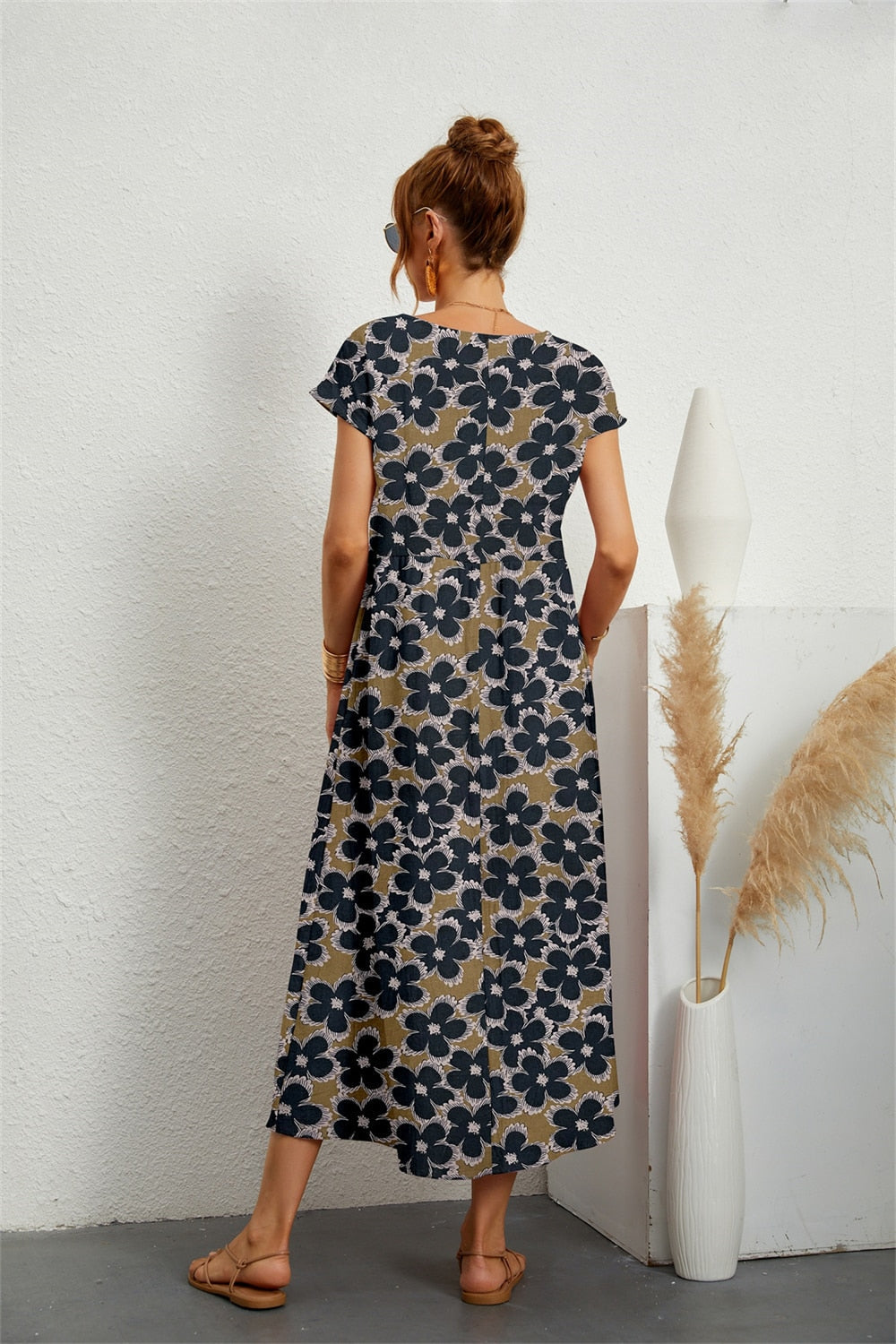 Camilla | Women's Floral Midi Dress with Short Sleeves and Round Neck