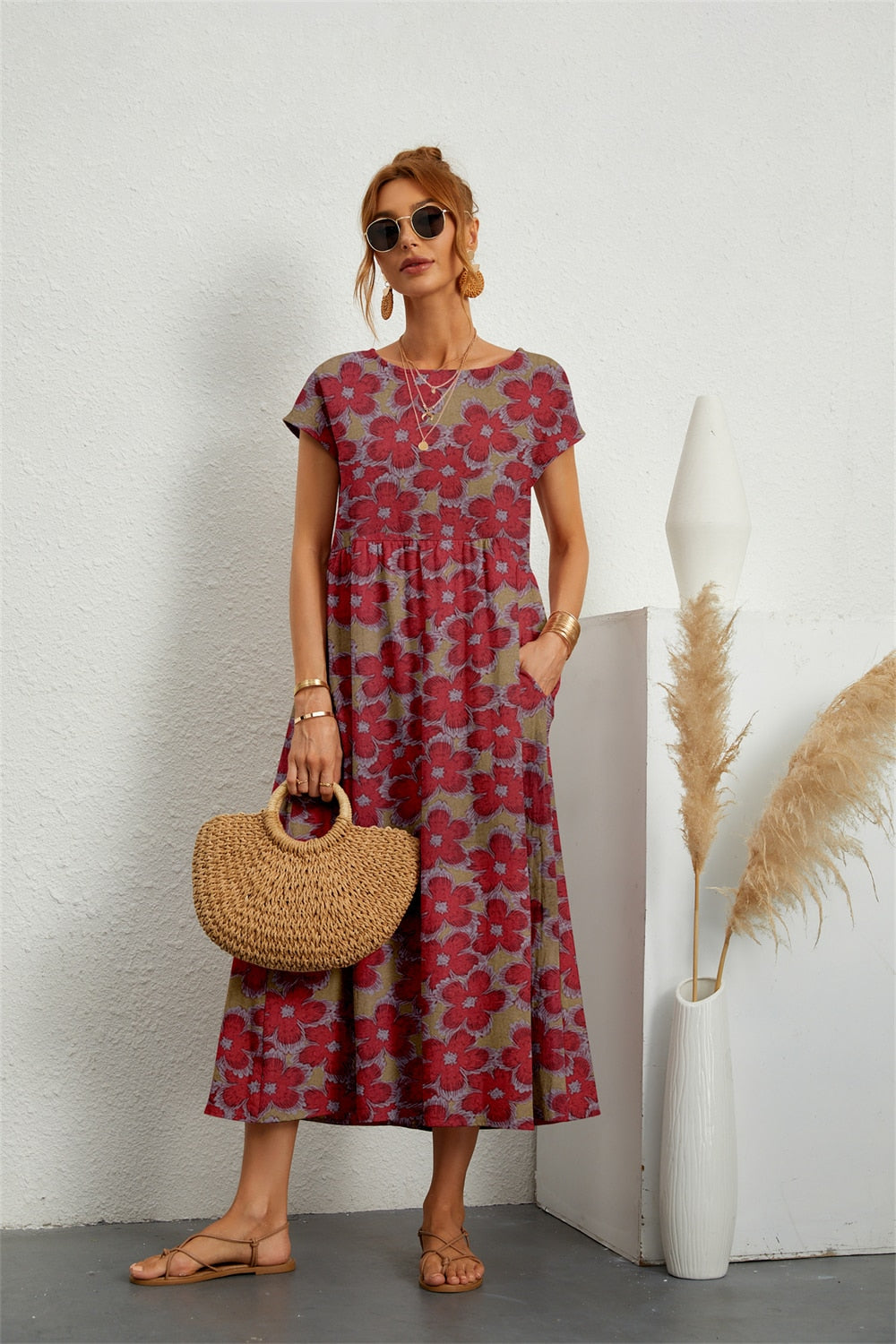 Camilla | Women's Floral Midi Dress with Short Sleeves and Round Neck