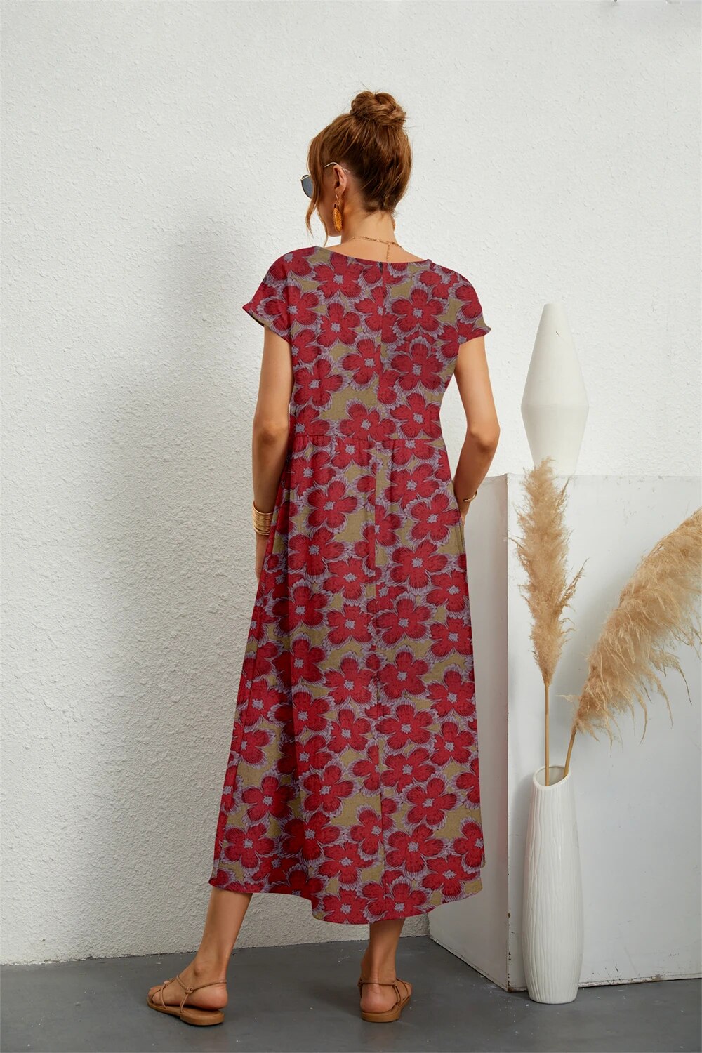 Camilla | Women's Floral Midi Dress with Short Sleeves and Round Neck