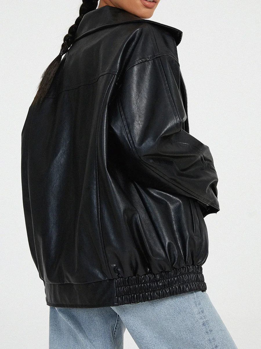 Lynette | Women's Oversized Faux Leather Bomber Jacket with Zipper Front