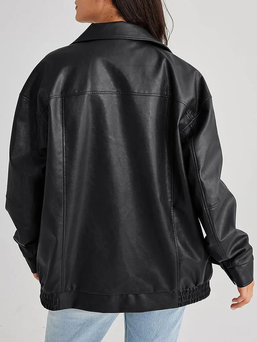 Lynette | Women's Oversized Faux Leather Bomber Jacket with Zipper Front