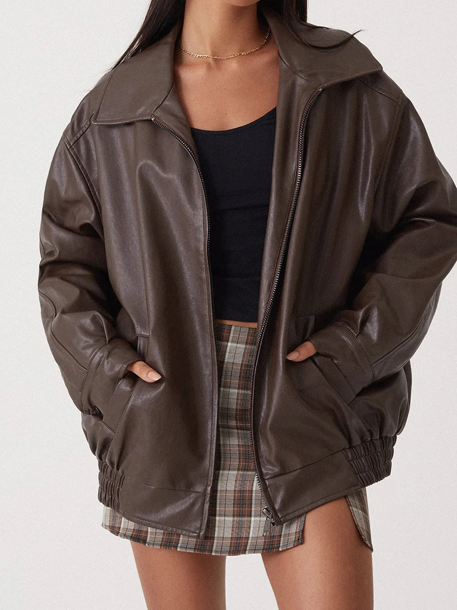 Lynette | Women's Oversized Faux Leather Bomber Jacket with Zipper Front