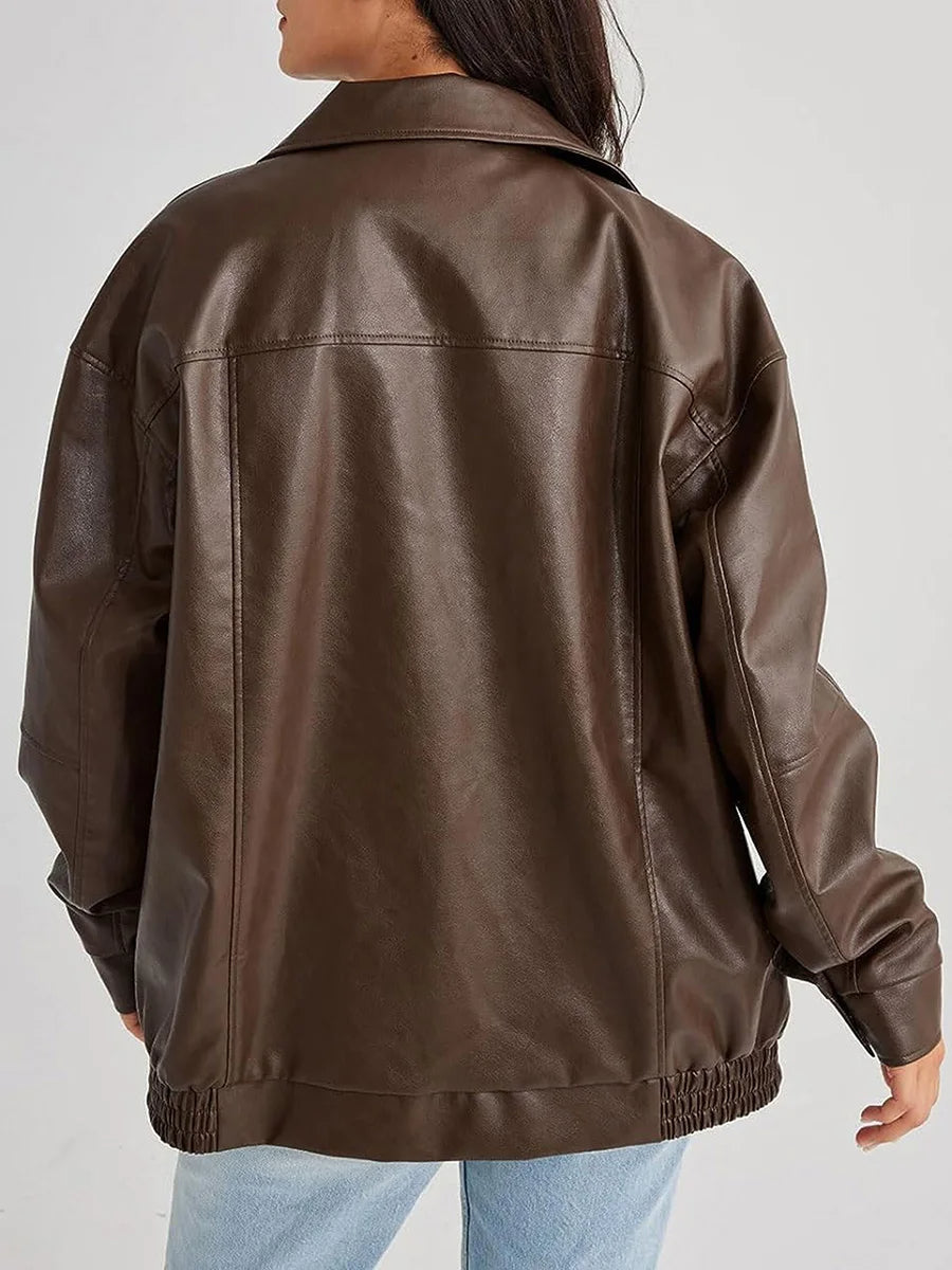 Lynette | Women's Oversized Faux Leather Bomber Jacket with Zipper Front
