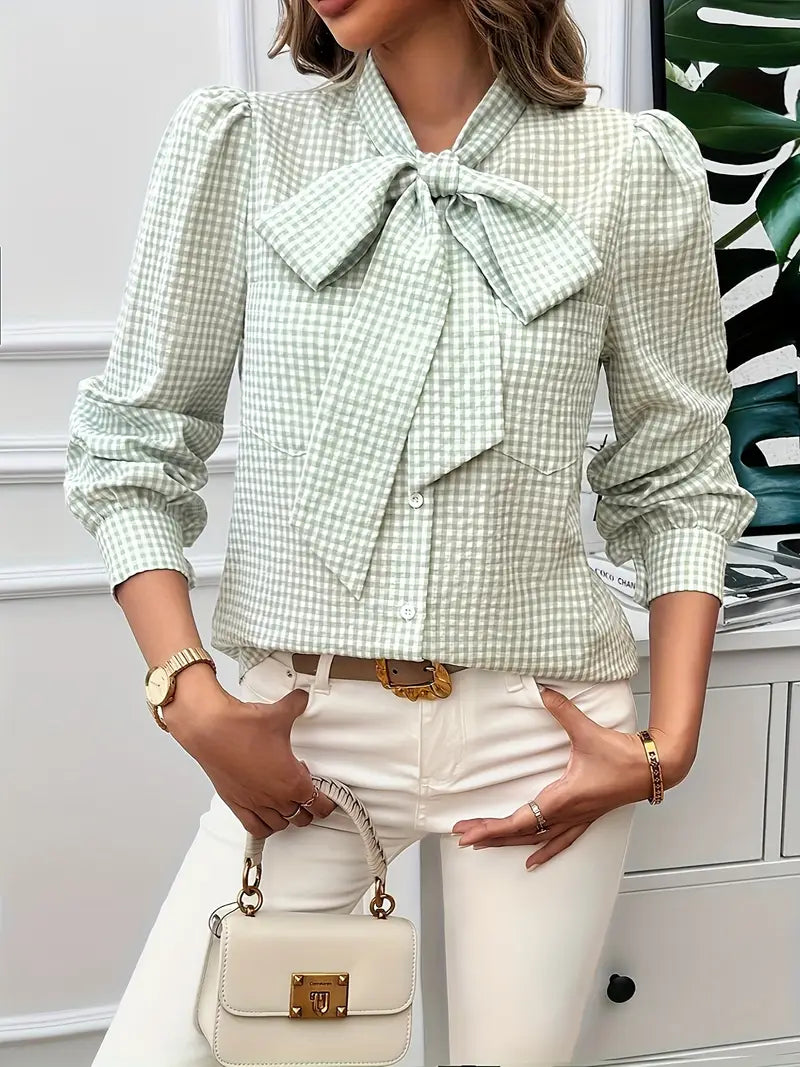 Xelina | Two‑Tone Check Bow‑Tie Blouse – Bishop‑Sleeve Chic