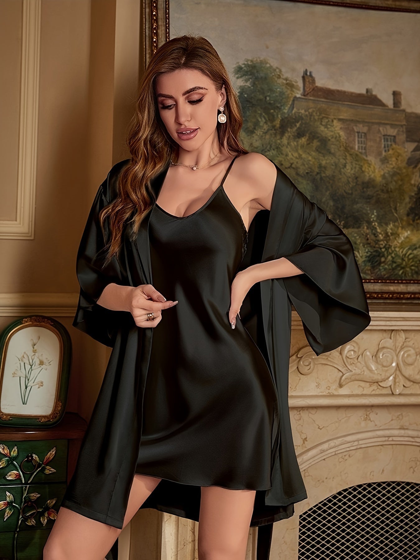 Lyra | Women's Silk Satin Sleepwear Set with Robe – Elegant & Sexy Spaghetti Strap Dress for Luxurious Comfort
