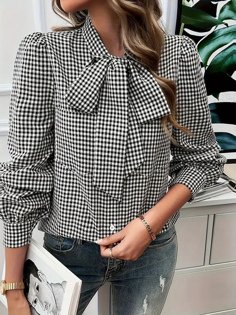 Xelina | Two‑Tone Check Bow‑Tie Blouse – Bishop‑Sleeve Chic