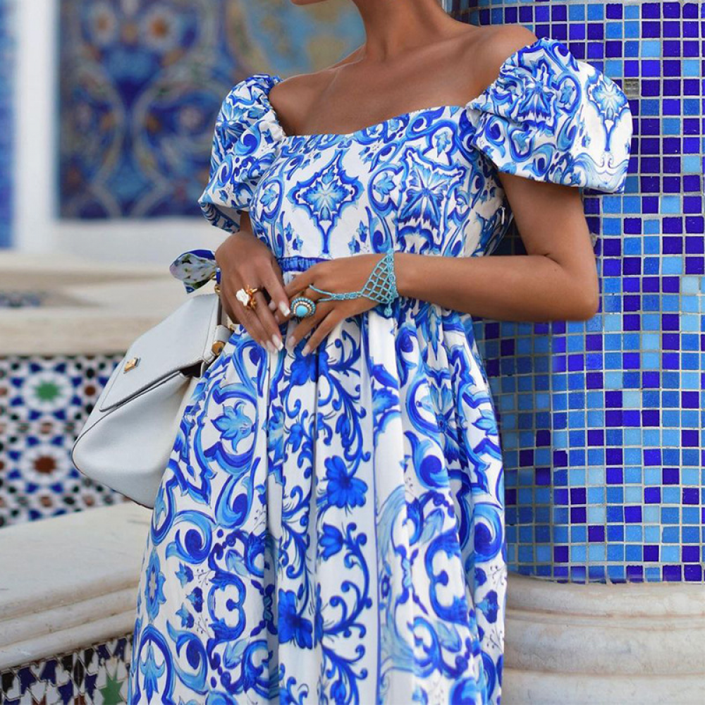 Elonda | Boho Off-Shoulder Puff Sleeve Dress with Patterned Design