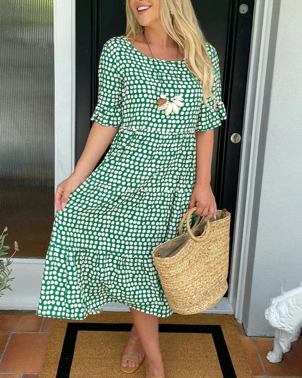 Rhiella | Women's Polka Dot Midi Dress – Round Neck, Half Sleeves & Flattering Fit