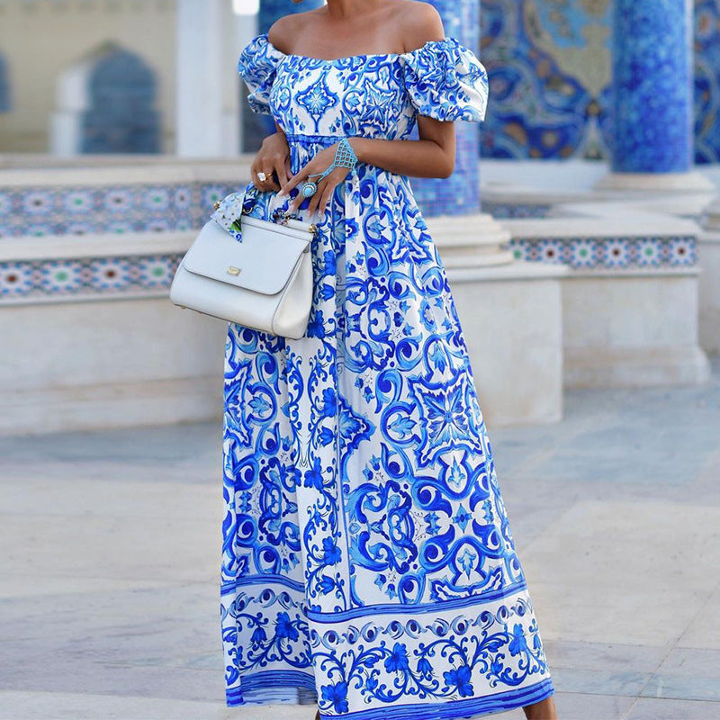 Elonda | Boho Off-Shoulder Puff Sleeve Dress with Patterned Design