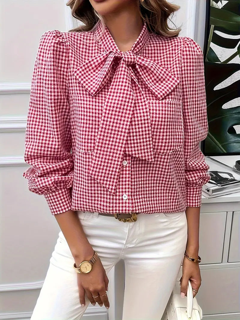 Xelina | Two‑Tone Check Bow‑Tie Blouse – Bishop‑Sleeve Chic