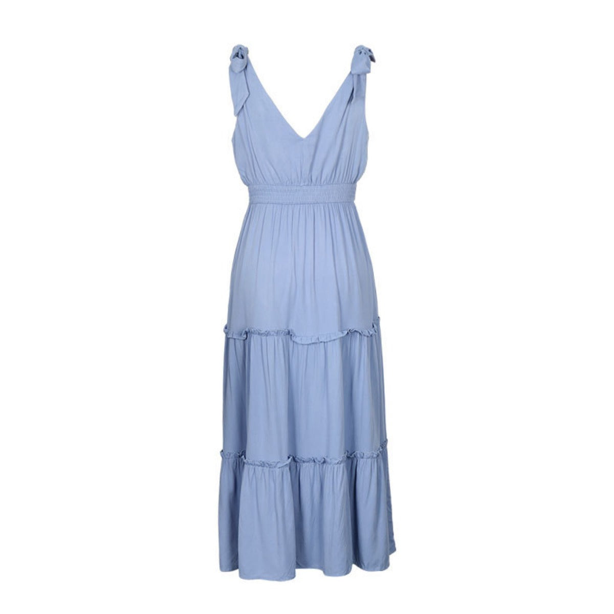 Tallis | Women's Blue V Neck Tie Sleeveless Midi Dress with Cinched Waist