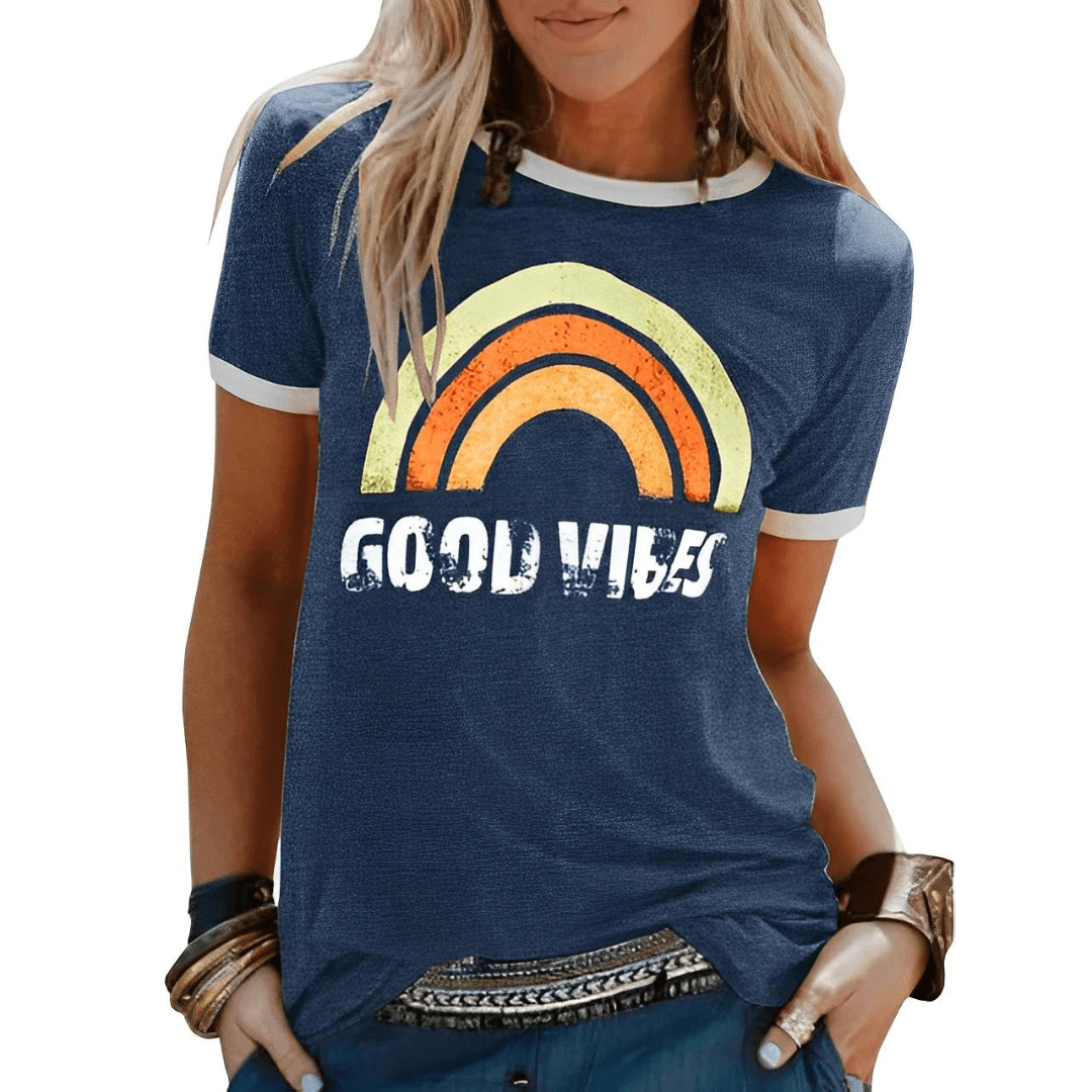 Faye | Women's Good Vibes Print Round Neck T-Shirt | Positive Energy Apparel