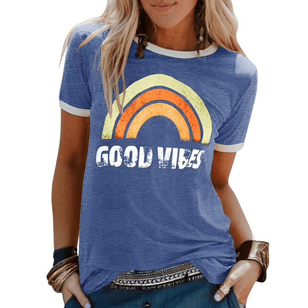 Faye | Women's Good Vibes Print Round Neck T-Shirt | Positive Energy Apparel