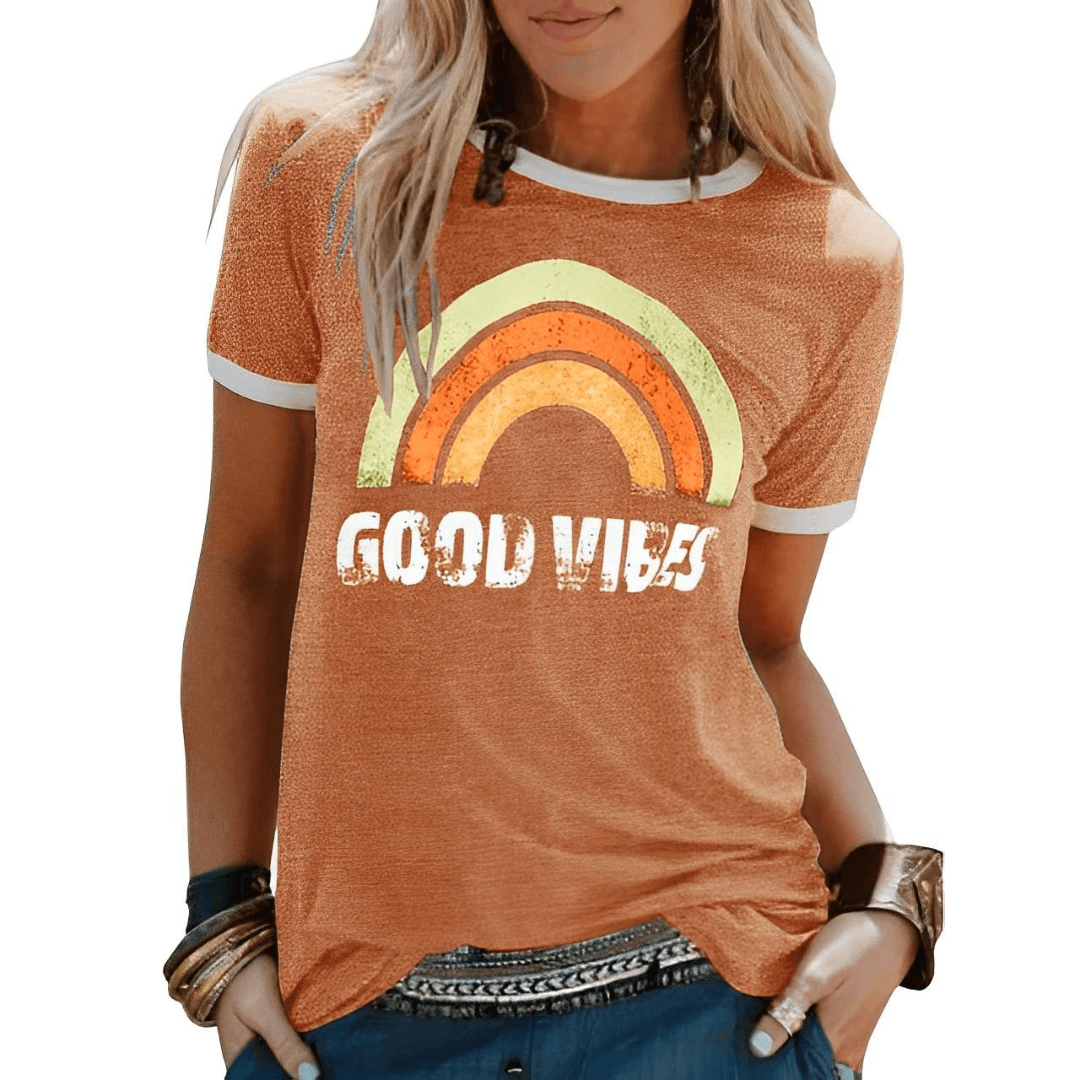 Faye | Women's Good Vibes Print Round Neck T-Shirt | Positive Energy Apparel