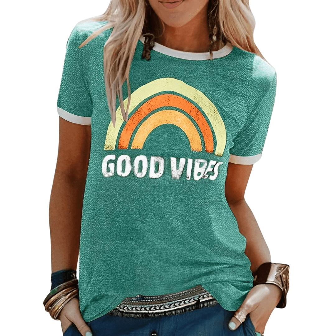 Faye | Women's Good Vibes Print Round Neck T-Shirt | Positive Energy Apparel