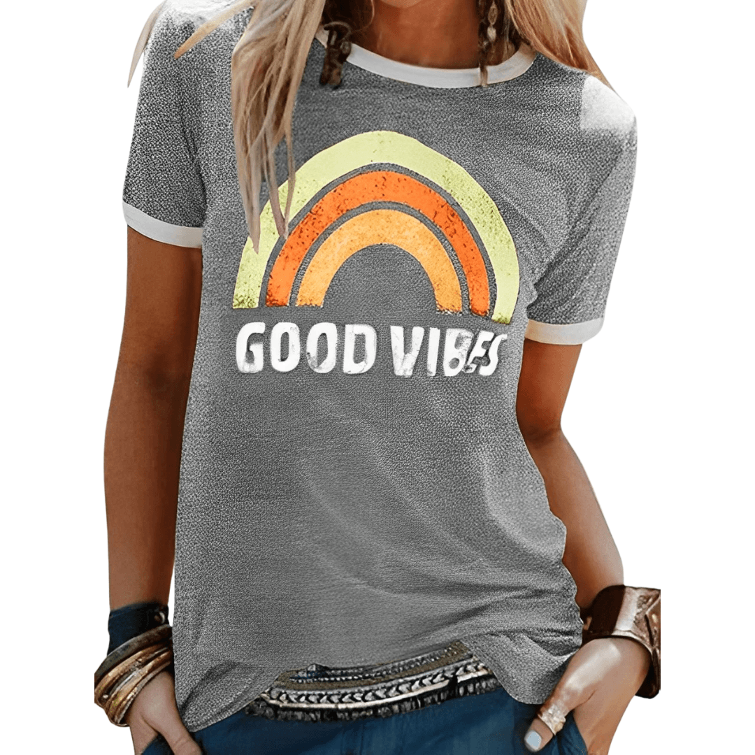 Faye | Women's Good Vibes Print Round Neck T-Shirt | Positive Energy Apparel