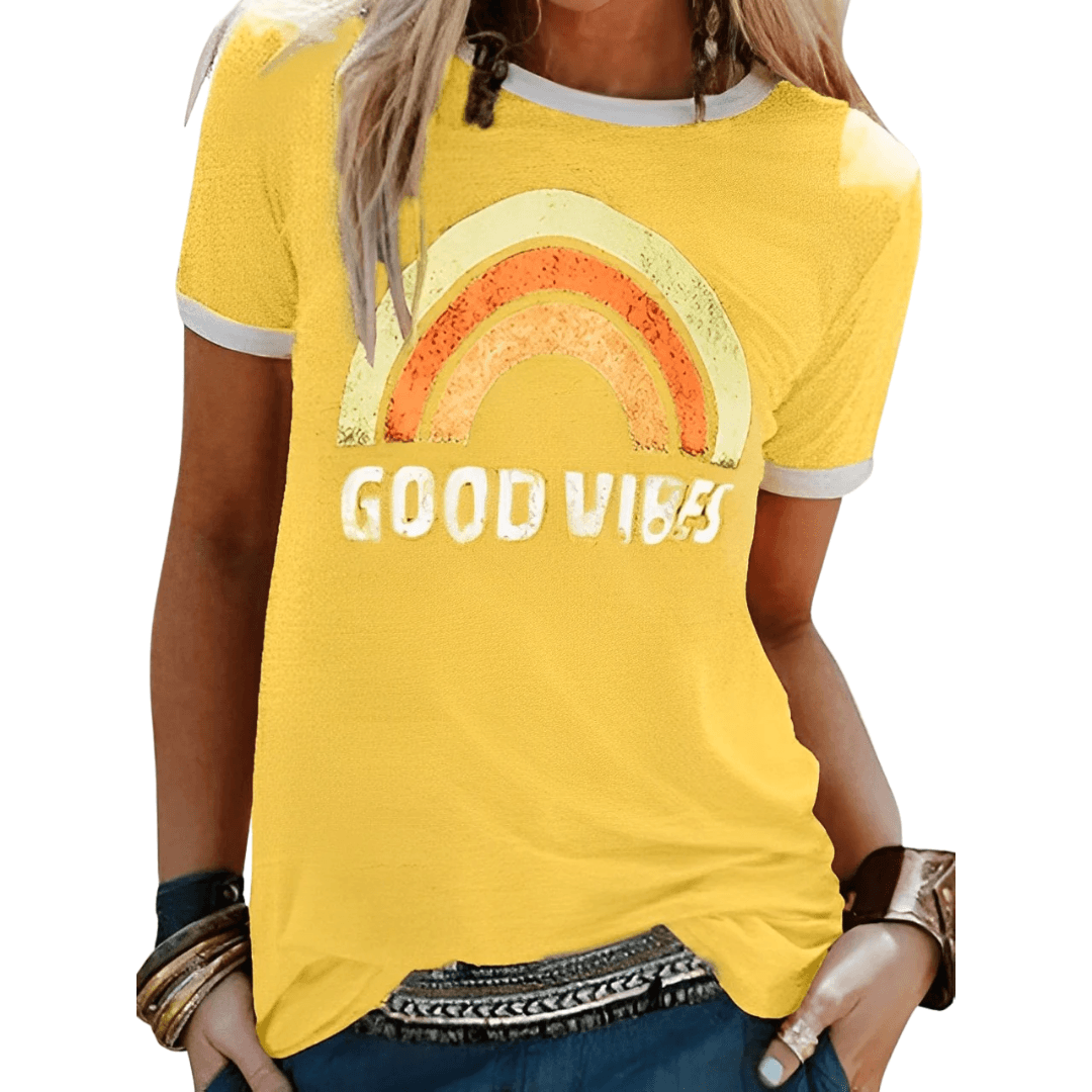Faye | Women's Good Vibes Print Round Neck T-Shirt | Positive Energy Apparel