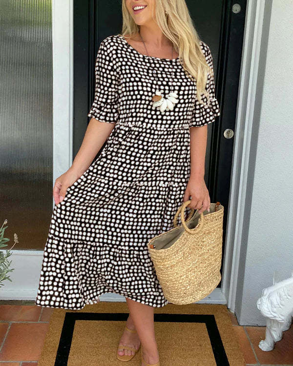 Rhiella | Women's Polka Dot Midi Dress – Round Neck, Half Sleeves & Flattering Fit