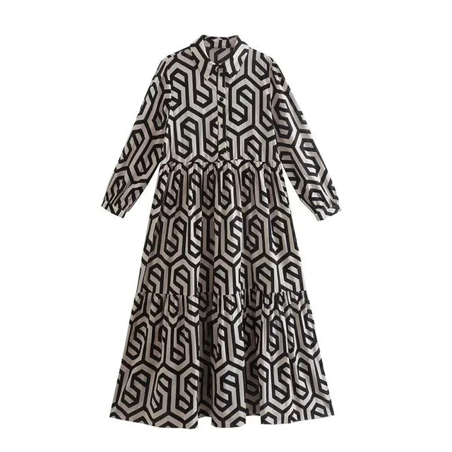 Naomi | Women’s Geometric Pattern Long Sleeve Maxi Dress with Layered Style