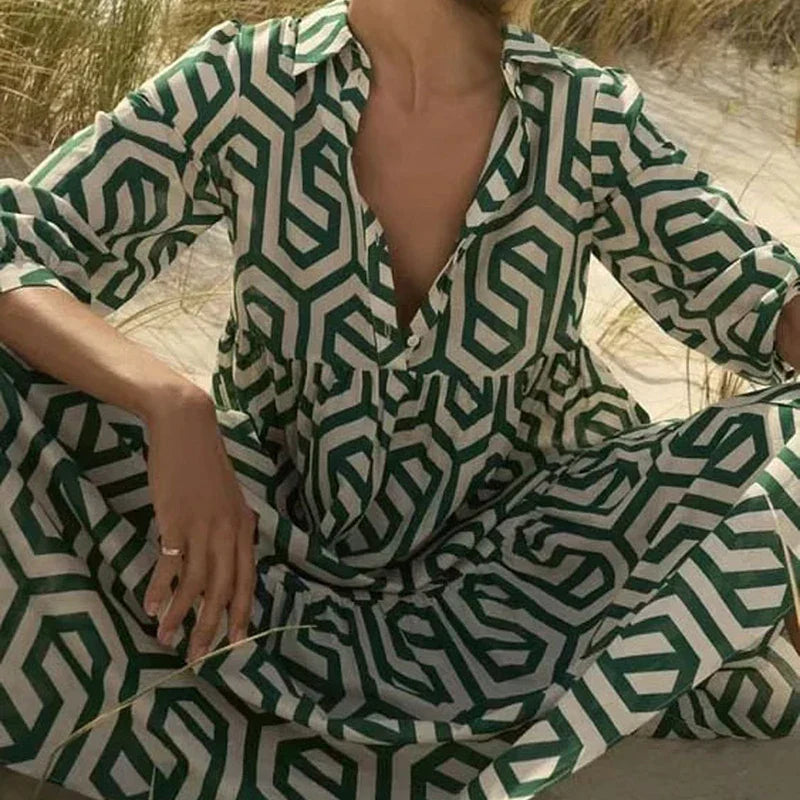 Naomi | Women’s Geometric Pattern Long Sleeve Maxi Dress with Layered Style