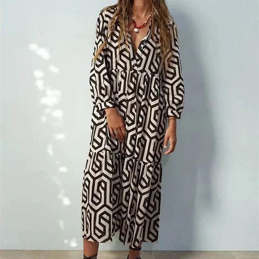 Naomi | Women’s Geometric Pattern Long Sleeve Maxi Dress with Layered Style