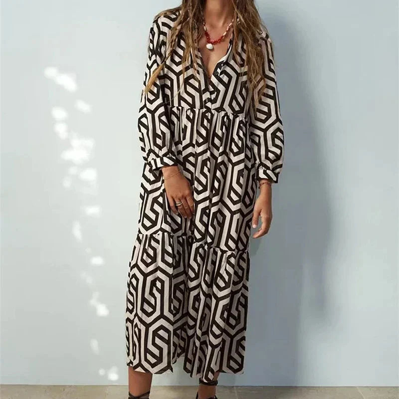 Naomi | Women’s Geometric Pattern Long Sleeve Maxi Dress with Layered Style