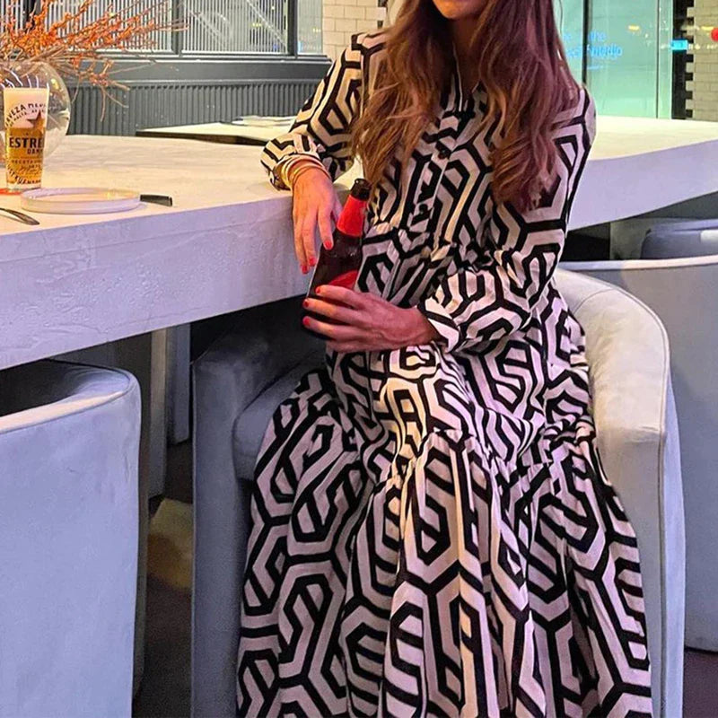 Naomi | Women’s Geometric Pattern Long Sleeve Maxi Dress with Layered Style