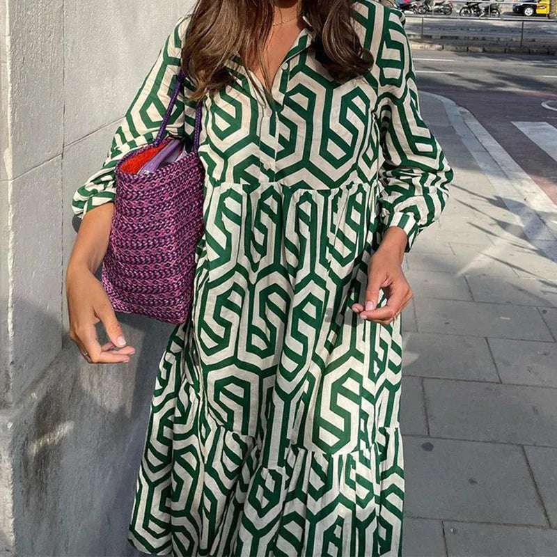 Naomi | Women’s Geometric Pattern Long Sleeve Maxi Dress with Layered Style