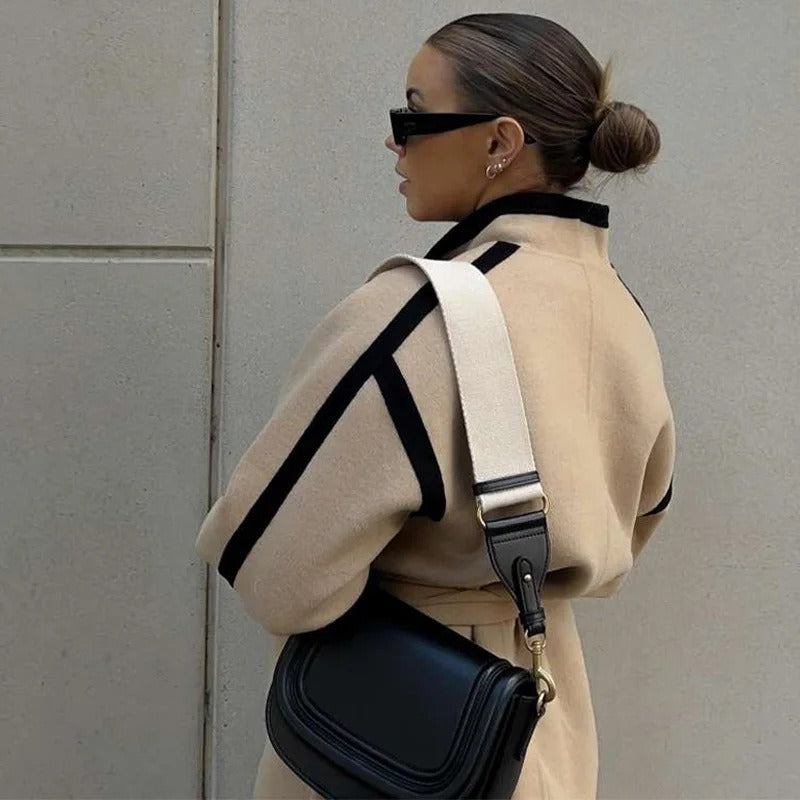 Faith | Women’s Khaki Blazer Coat, Relaxed Fit, Wrap Style with Tie Belt, Lapel Collar & Contrast Piping