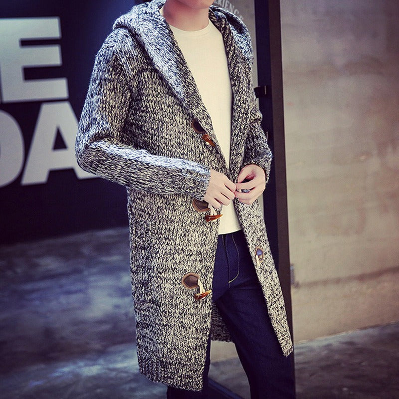 Elmer | Men’s Long Knit Cardigan with Hood and Wooden Toggle Closures