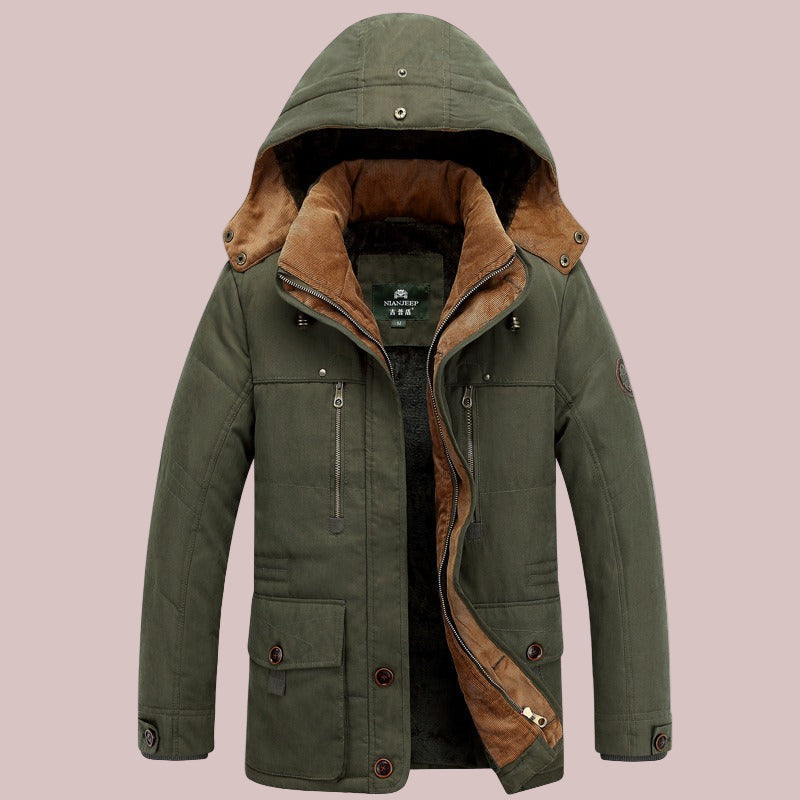 Lucian | Men’s Mid-Length Padded Parka Jacket with Hood & Multiple Pockets