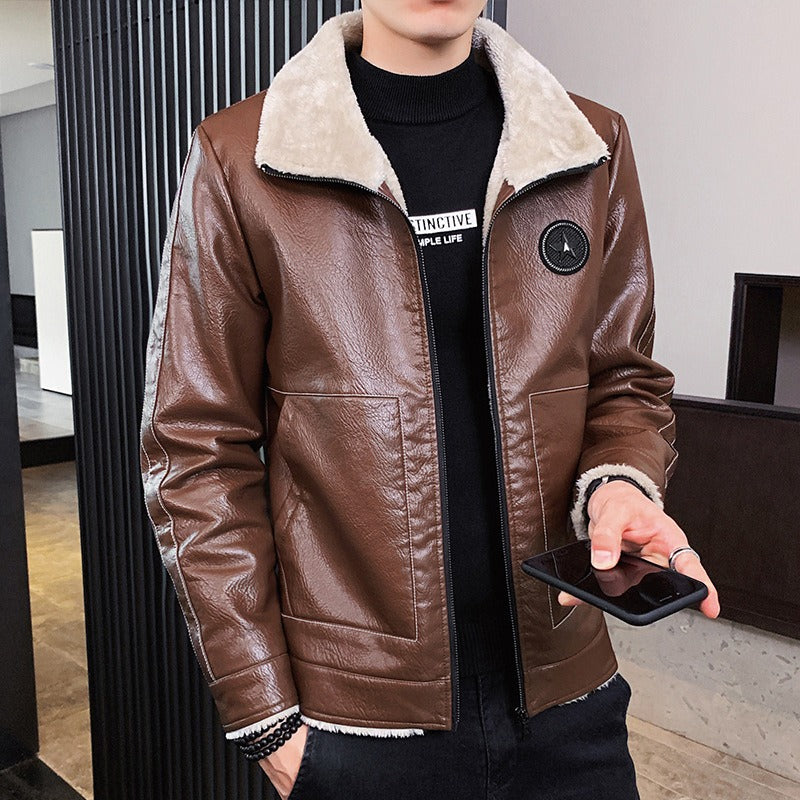 Daxiel | Men’s Faux Leather Jacket with Shearling Collar and Fleece Lining